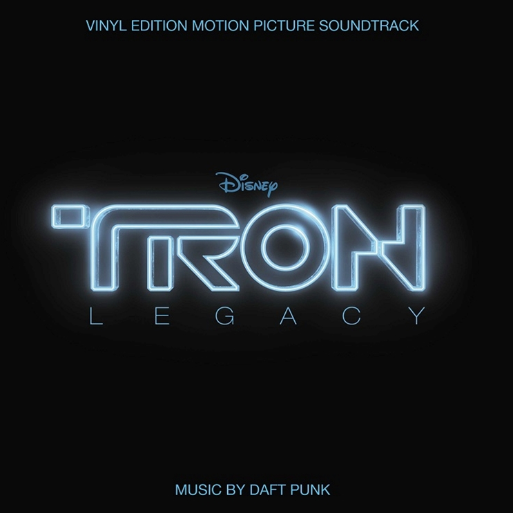 Cover art for Daft Punk's Tron: Legacy motion picture soundtrack featuring the movie's title in blue neon text on a black background.