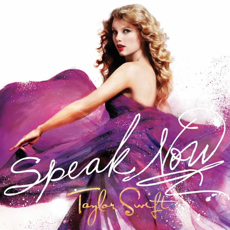 Taylor Swift album 'Speak Now' cover art featuring Taylor Swift in a purple dress with a stylized background.