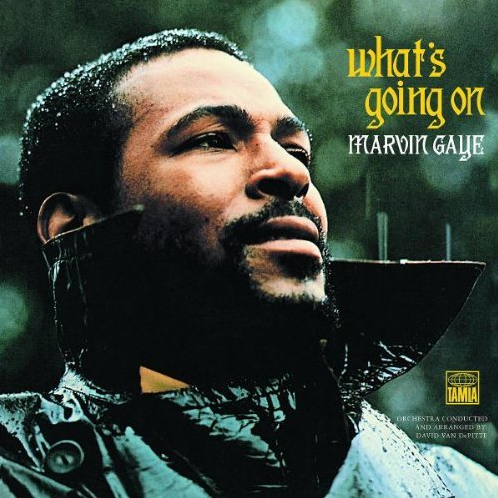 Album cover for Marvin Gaye - Whats Going On LP featuring a portrait of Marvin Gaye with a title text overlay.