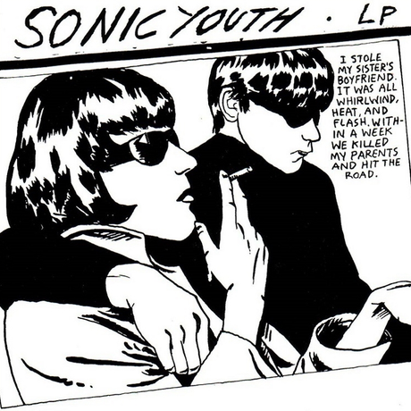 Album cover art for Sonic Youth's Goo LP featuring a black and white illustration of two individuals in a intimate moment.