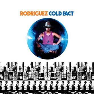 Album cover of Rodriguez's 'Cold Fact' featuring a circular portrait of the artist sitting cross-legged with a cityscape background.