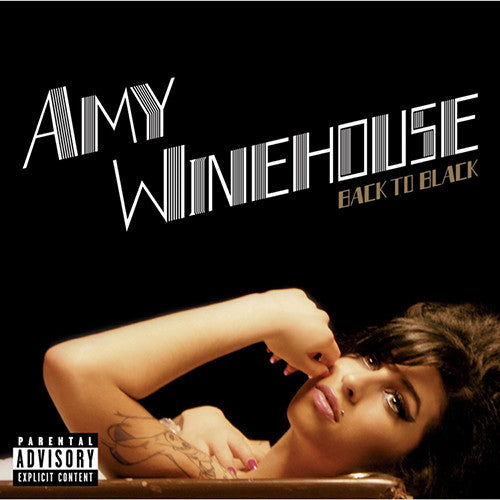 Amy Winehouse's album 'Back To Black' in a vinyl format, with the artist's portrait in the center.