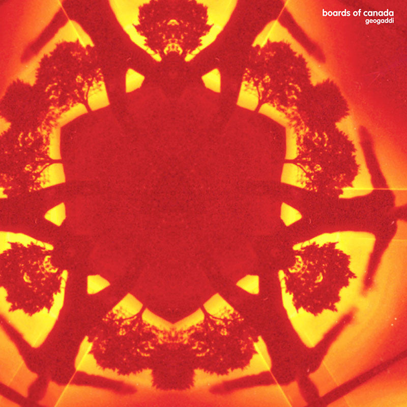 Album cover for Boards of Canada's 'Geogaddi' featuring a symmetrical red and yellow design with tree-like figures.