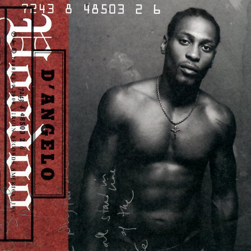 The image shows the cover of the D'Angelo album 'Voodoo'. It features a black and white photo of D'Angelo with a red and white text overlay that includes the album title and his name.
