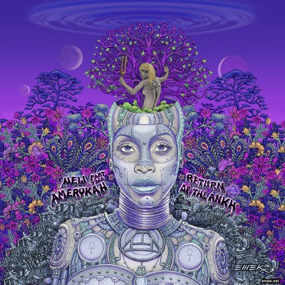 Album cover art for Erykah Badu's 'New Amerykah Part Two: Return of the Ankh' featuring a stylized illustration with a woman's face, a tree, and abstract designs in vivid colors.