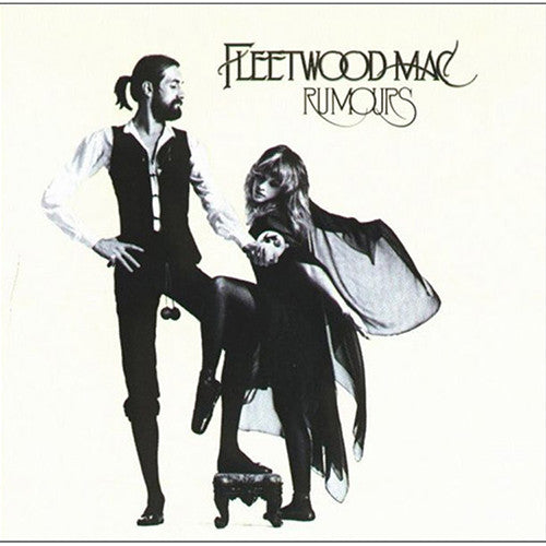 Fleetwood Mac - Rumours album cover featuring a black and white photograph of band members Stevie Nicks, Lindsey Buckingham, and Mick Fleetwood, with Buckingham holding a guitar.