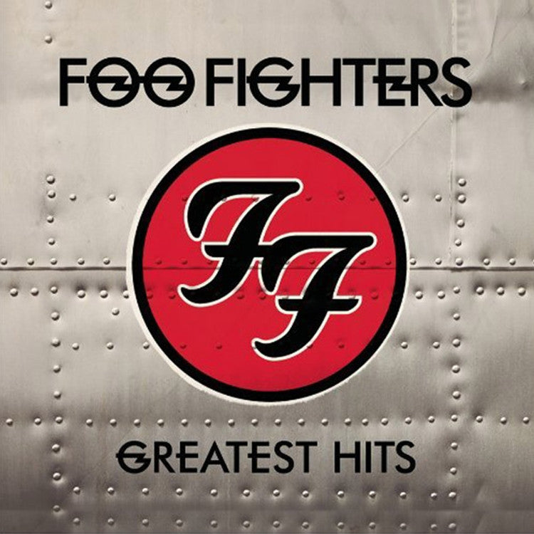 Album cover for Foo Fighters Greatest Hits featuring the band's logo in red and black on a metallic background.