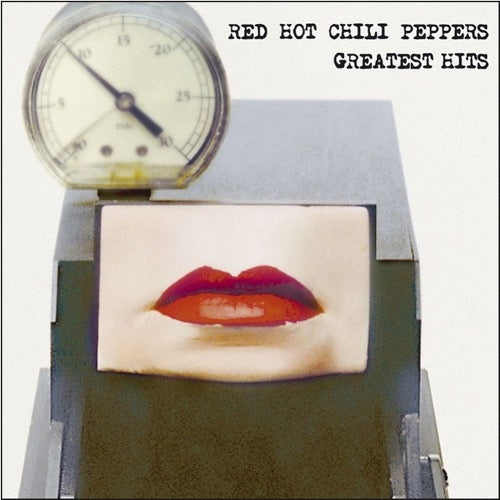 This image features the album cover for the Red Hot Chili Peppers' "Greatest Hits" collection. The cover art is striking with its dark, moody background and a large, prominent clock in the center, which reads "RED HOT CHILI PEPPERS GREATEST HITS.