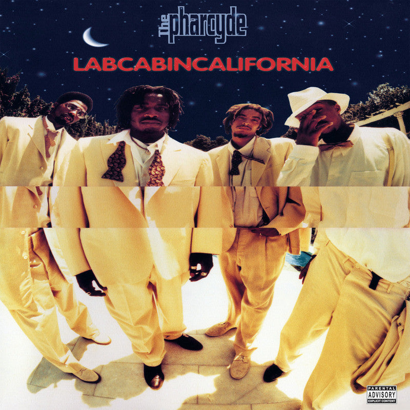 Album cover of 'Pharcyde - Labcabincalifornia 2LP' featuring members of the Pharcyde in white suits against a night sky background.