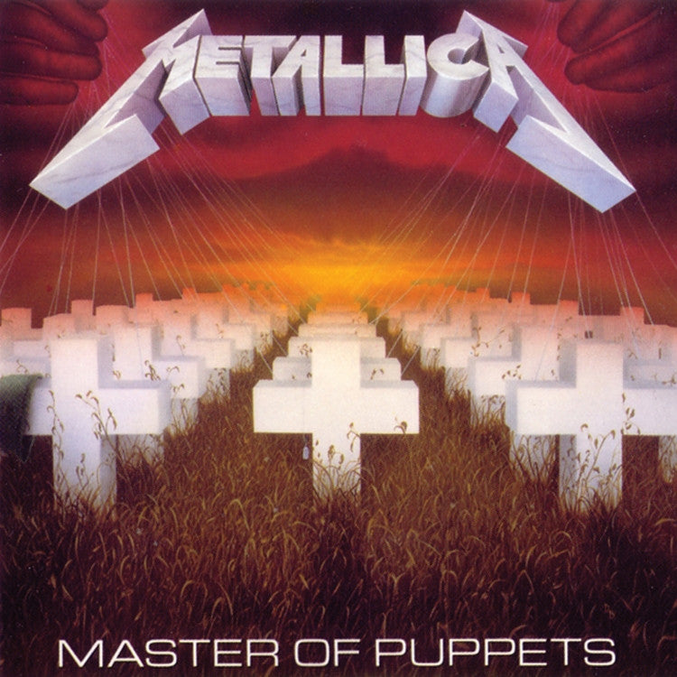 Album cover for Metallica's Master of Puppets featuring a landscape with crosses and a sunset.