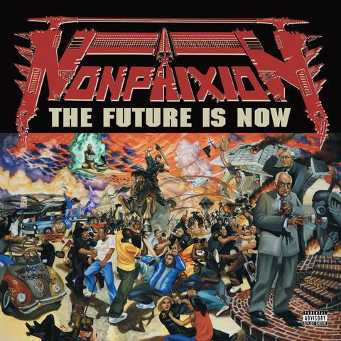 Cover art for Non Phixion album 'The Future Is Now' featuring a colorful illustration with the artist, characters, and a car.