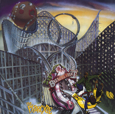 Album cover art for The Pharcyde's Bizarre Ride II featuring a stylized illustration of a roller coaster and a group of cartoon characters riding it, set against a sunset.