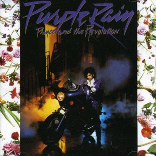 Album cover of Prince's 'Purple Rain' featuring an image of Prince on a motorcycle with a purple filter, surrounded by a floral border.