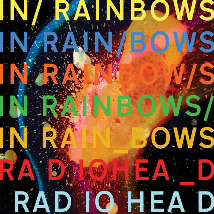 Album cover for Radiohead's In Rainbows featuring a colorful abstract design with the band's name and album title.