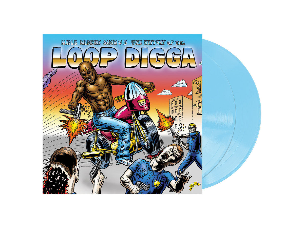 Vinyl record with colorful cover featuring a man on a motorcycle and text 'Loop Digga'.