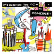 Album cover art for 'My Brother the Cow' by Mud Honey, featuring a colorful abstract illustration with a blue cow, pink clouds, black text blocks, and musical instruments.