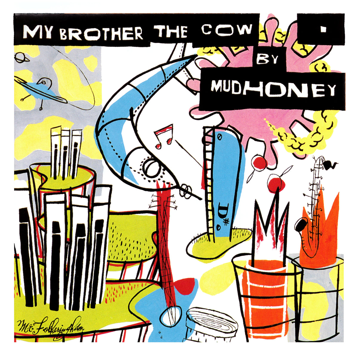 Album cover art for 'My Brother the Cow' by Mud Honey, featuring a colorful abstract illustration with a blue cow, pink clouds, black text blocks, and musical instruments.