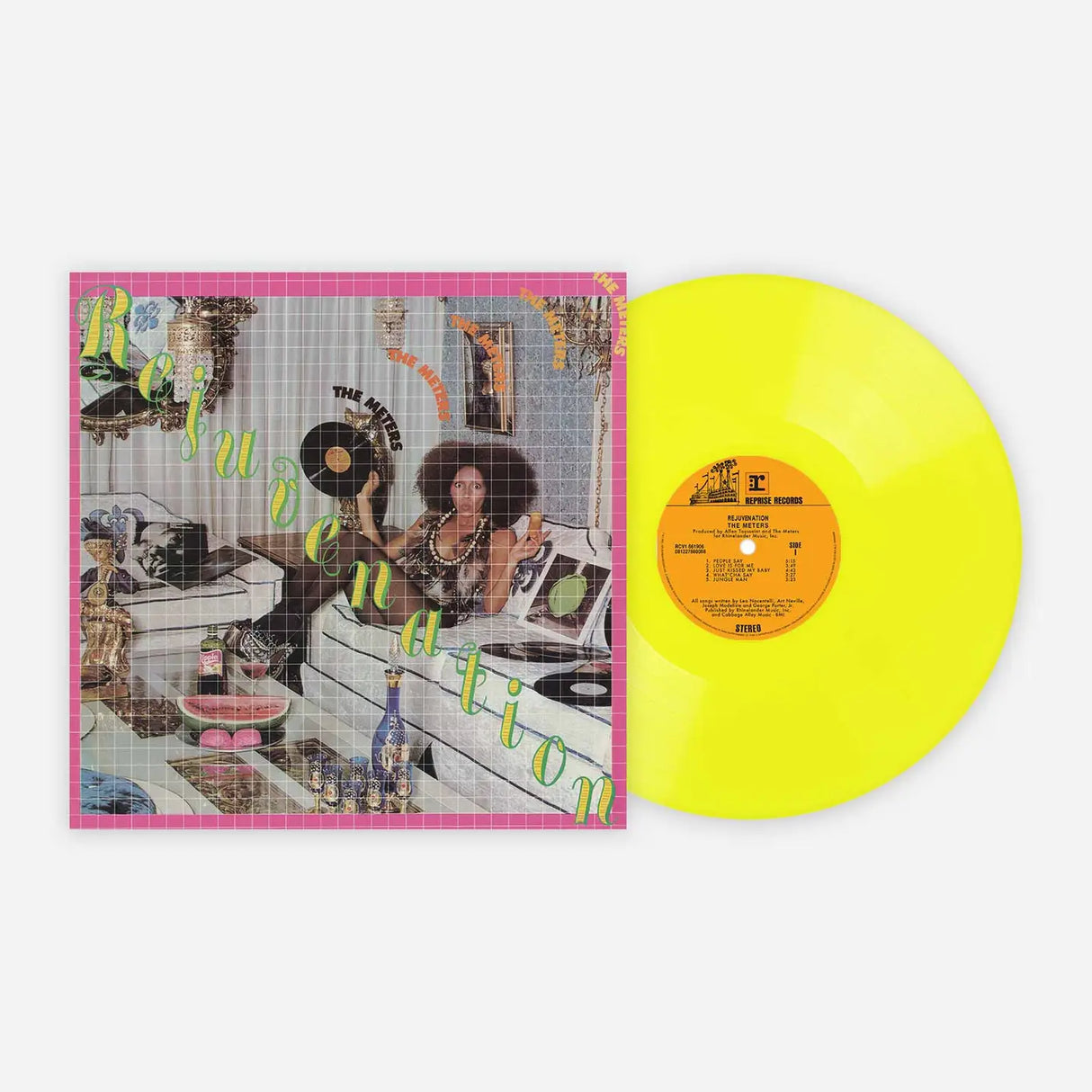 Vinyl record with a colorful cover featuring a woman and text, on a white background.