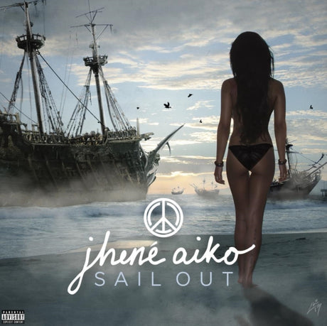 Album cover with a person standing on a beach, a ship in the background, and 'jhene aiko Sail Out' text.