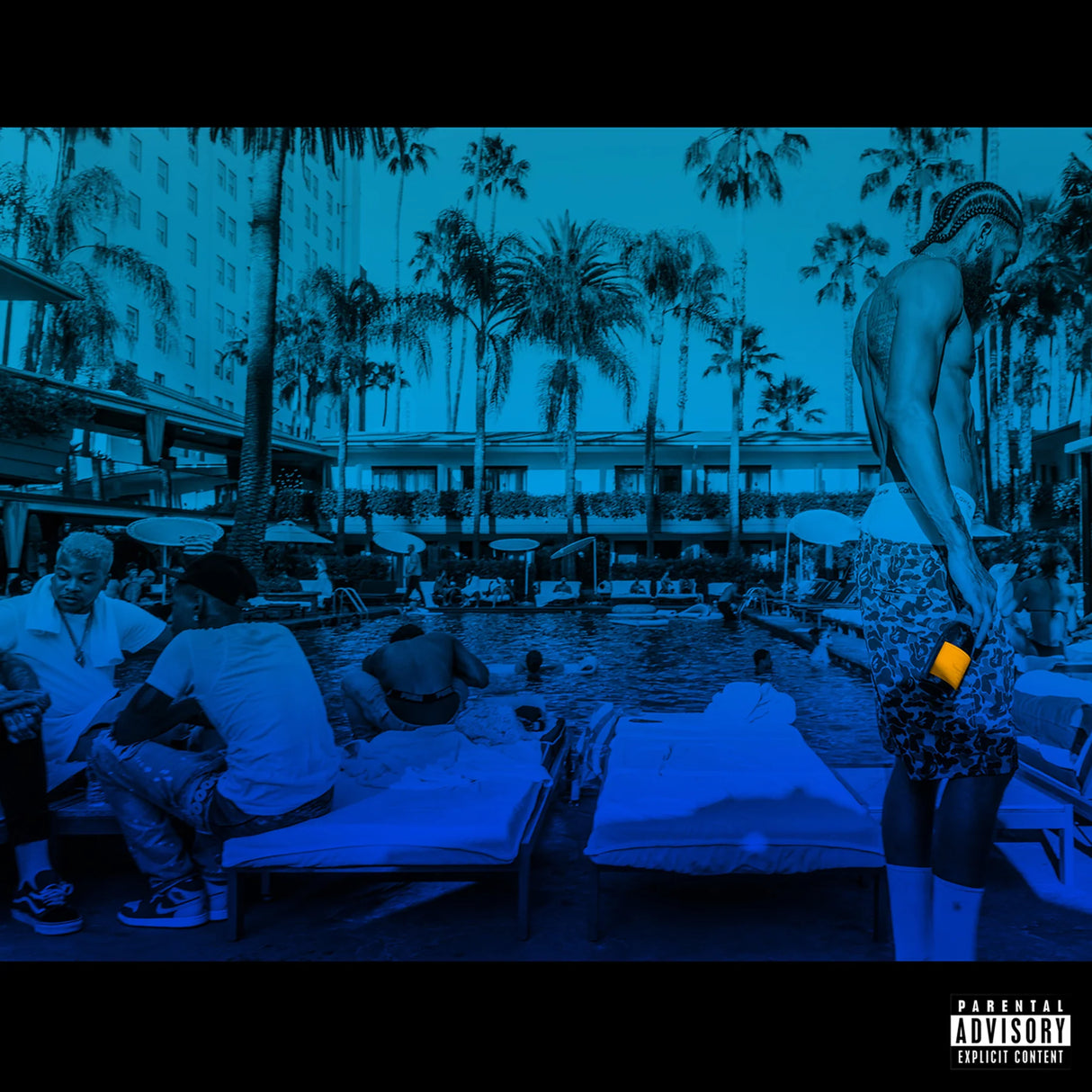 People lounging by a pool with palm trees and buildings in the background, featuring a 'Parental Advisory' label.