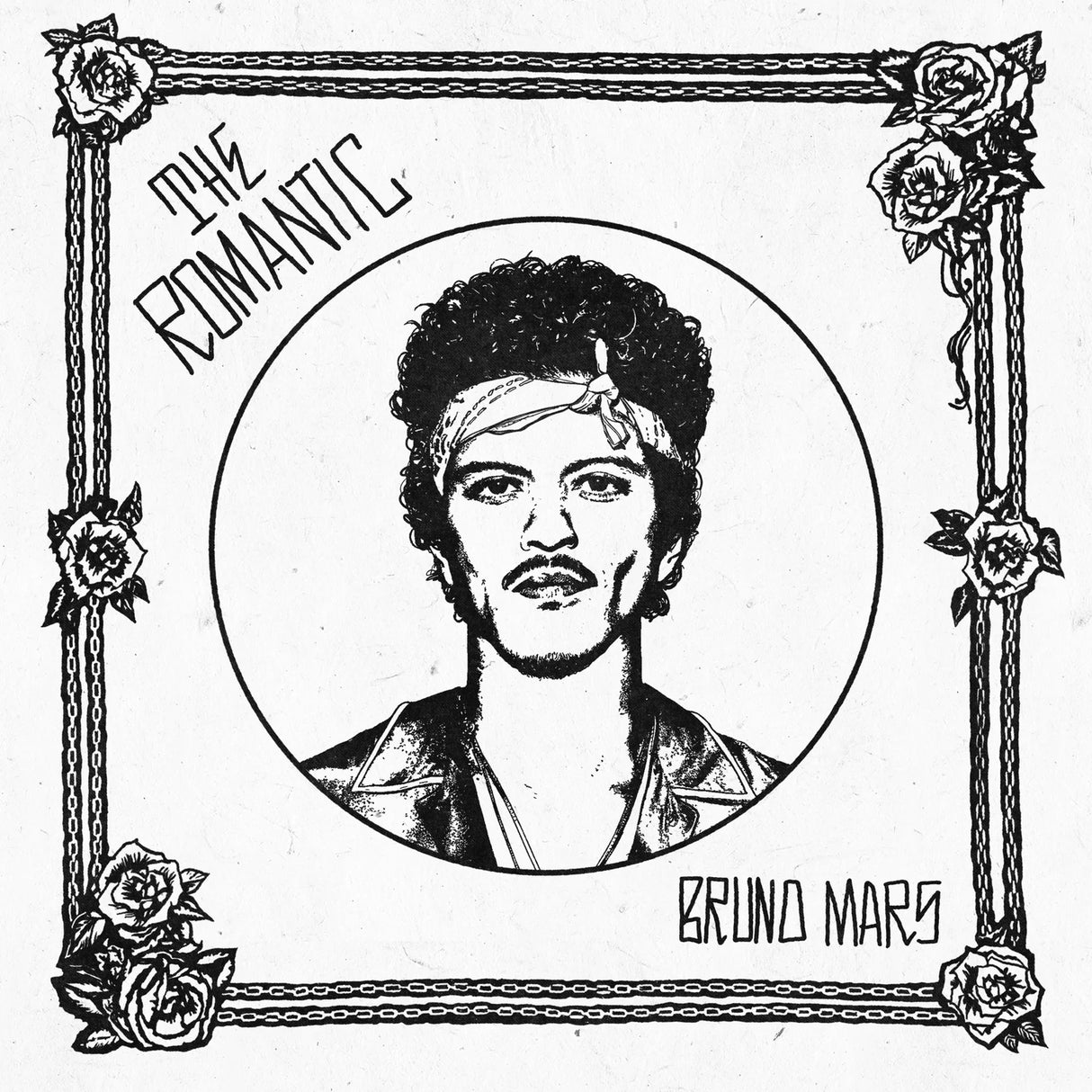 Black and white illustration of a person with decorative floral frame and text 'The Romantic' and 'Grund Mars'.