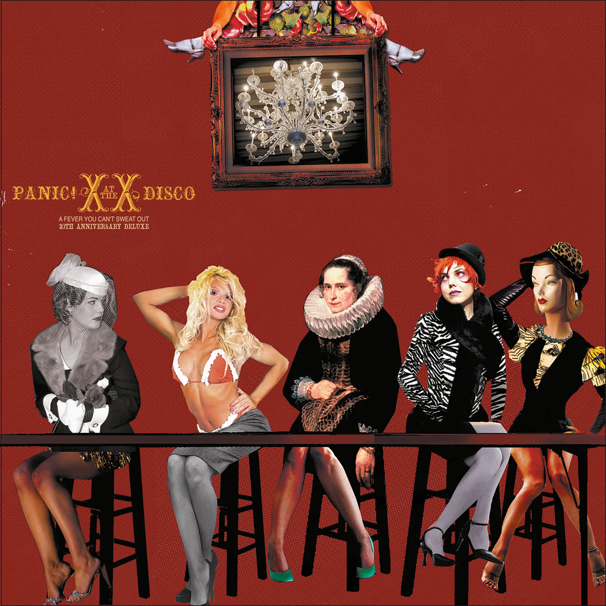 Album cover with stylized women in costumes on a red background, featuring Panic! at the Disco.