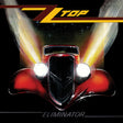 Album cover for ZZ Top's 'Eliminator' with a red car and ZZ Top logo.