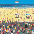 A colorful illustrated beach scene with many small people walking and standing on a sandy shore, ocean waves in the background, and the text 'INXS' at the top center.