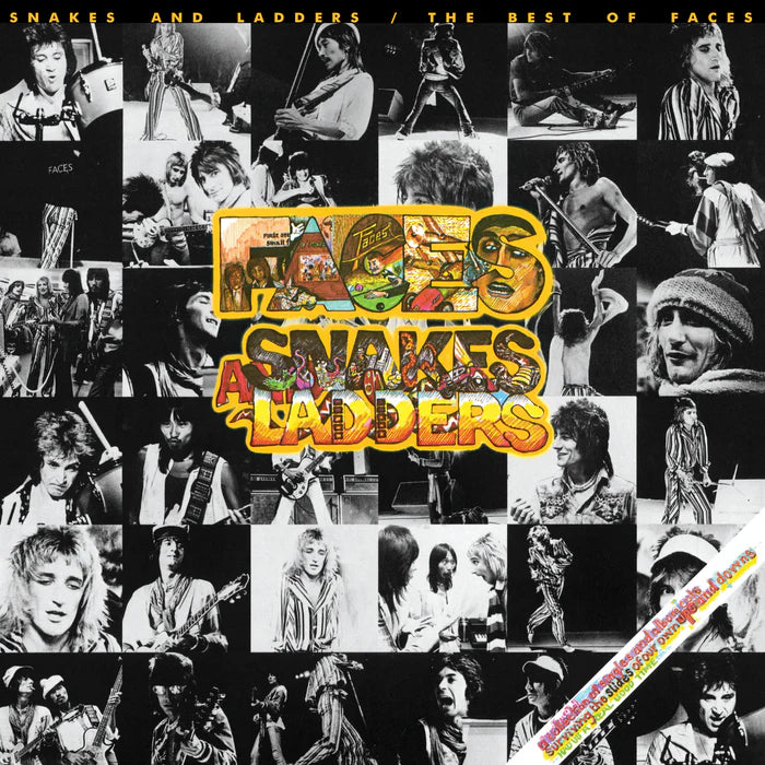 Album cover for 'Snakes and Ladders' by Faces featuring a collage of black and white photos and colorful text.