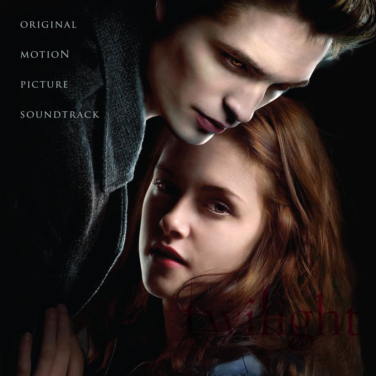 Promotional artwork for the Twilight motion picture soundtrack, featuring Edward and Bella Swan in a dark, dramatic close-up against a black background, with the text 'ORIGINAL MOTION PICTURE SOUNDTRACK' on the left.