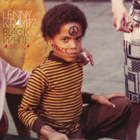 Album cover with a child wearing a striped shirt and pants, with text and symbols on their face.