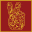 Decorative peace sign with intricate patterns on a red background