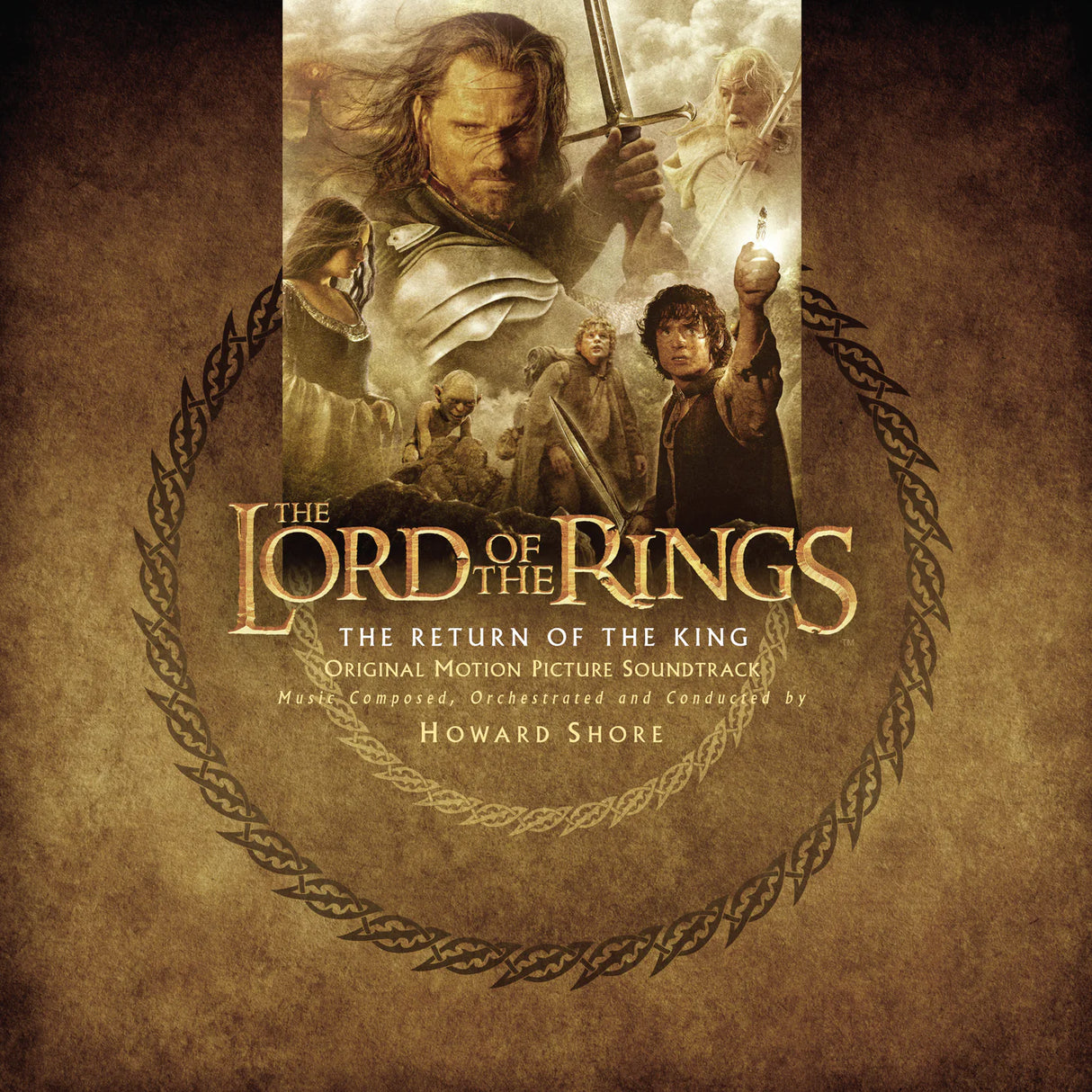 Album cover for 'The Lord of the Rings: The Return of the King' soundtrack with characters and text.