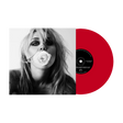 A vinyl record partially pulled from its sleeve, showing a black-and-white portrait of a woman holding a rose against a bright red record on a white background.