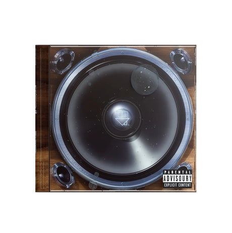 Album cover with a large speaker design and 'Parental Advisory' label on a wooden background