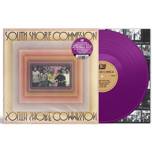 Vinyl record with a purple disc and cover featuring a group of people, on a white background.