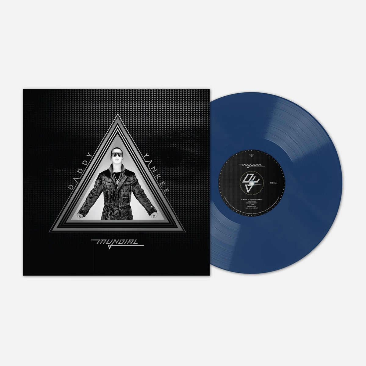 A vinyl record and its sleeve on a light gray background. The sleeve is black with a grayscale triangular portrait of a man wearing sunglasses, and the record itself is a translucent dark blue with a black center label.