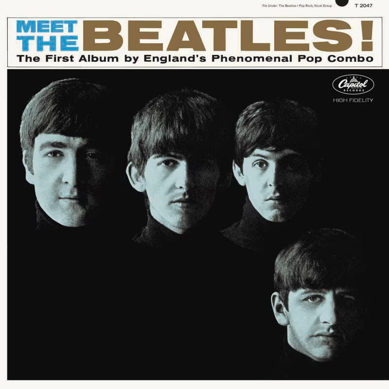 Album cover of 'Meet the Beatles!' with four band members' faces.