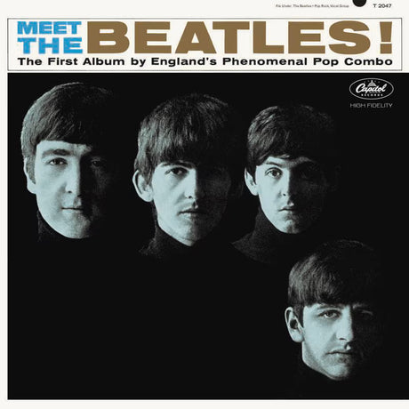 Album cover of 'Meet the Beatles!' with four band members' faces.