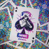 Playing card with 'Fortnite' branding on a colorful abstract background