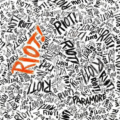 Album cover art for Paramore's LP 'Riot!' featuring text-based design with the album title prominently displayed.