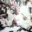 Abstract art with brush strokes in black, brown, and pink on a white background