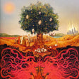 Artistic depiction of a tree with faces and red roots in a landscape
