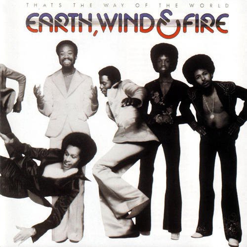 Album cover of Earth, Wind & Fire with band members in a dynamic pose against a white background.