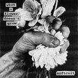 Black and white image of a hand holding a wilted flower with text overlay.