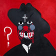 Black creature with a red tongue and white eyes on a red background