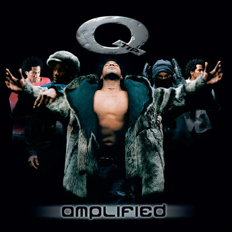 Album cover for 'amplified' by Q-Tip featuring a central figure with outstretched arms and multiple faces.
