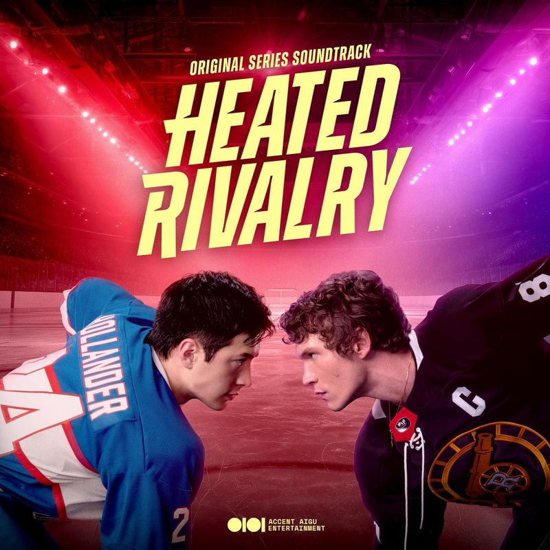 Album cover for 'Heated Rivalry' with two athletes facing each other on a sports field.