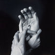 Black and white drawing of two hands holding each other against a dark background