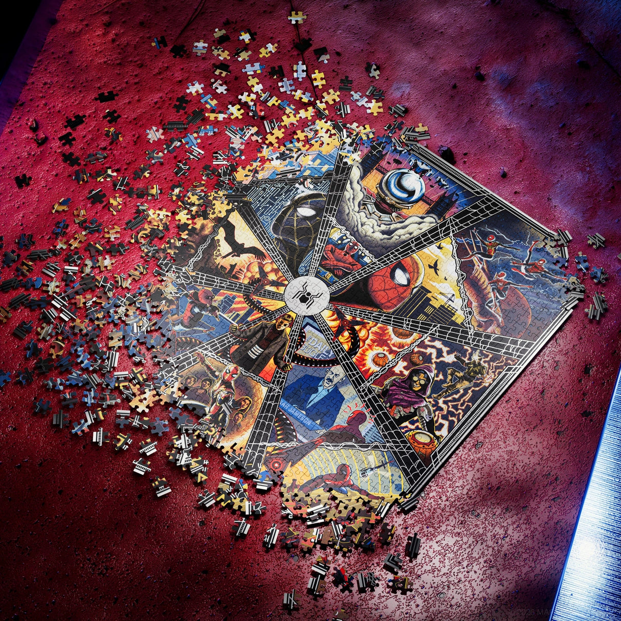 A partially assembled multicolor jigsaw puzzle featuring comic book-style artwork, photographed from above on a textured red surface with loose puzzle pieces scattered around it.
